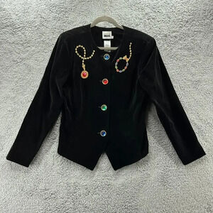 Leslie Fay Size 14 Vintage Velvet Black Jacket‎ Jeweled Accents Buttons Fabulous